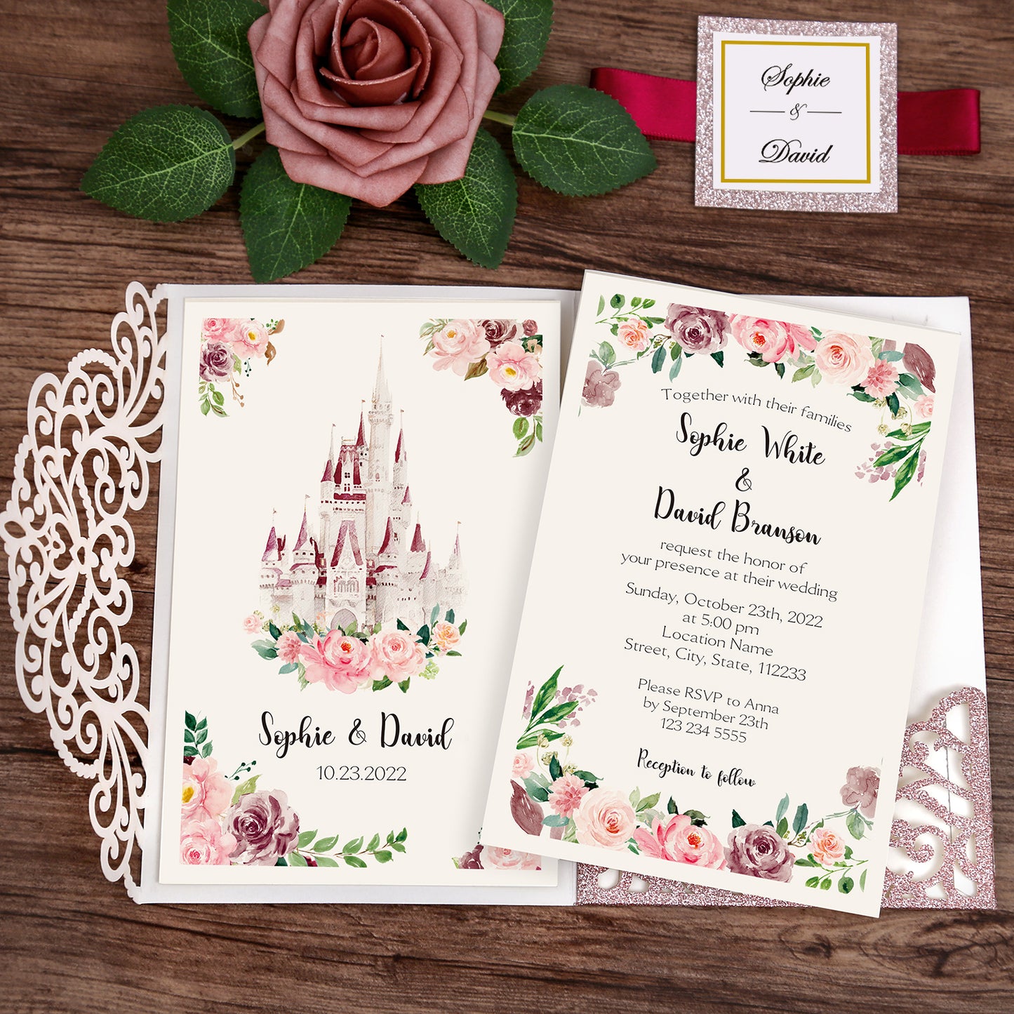 DreamBuilt 4.7 x7 inch Rose Gold Glitter Laser Cut Wedding Invitations With Envelopes Kit Hollow Rose Pocket And Burgundy Ribbon Belly Band for Wedding Bridal Shower Engagement Invite
