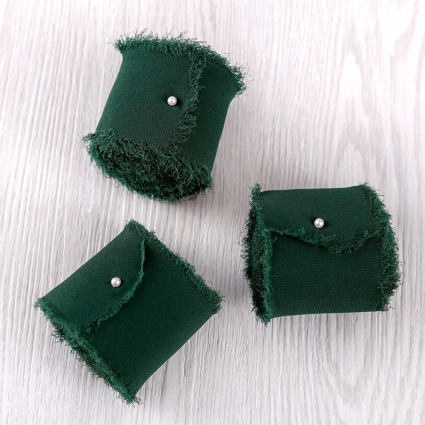 Handmade Fringe Chiffon Silk-Like Ribbon 2" x 7Yd Set of 3 Rolls Ribbons for Wedding Invitations, Bouquets, Gift Wrapping (3 Rolls Dark Green)