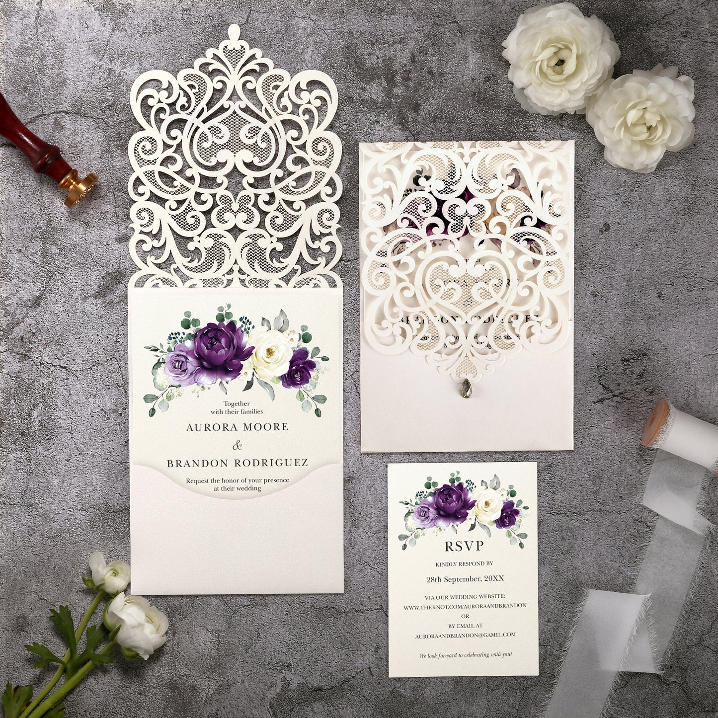 Vertical Purple Floral Laser cut invitations for Wedding Anniversary