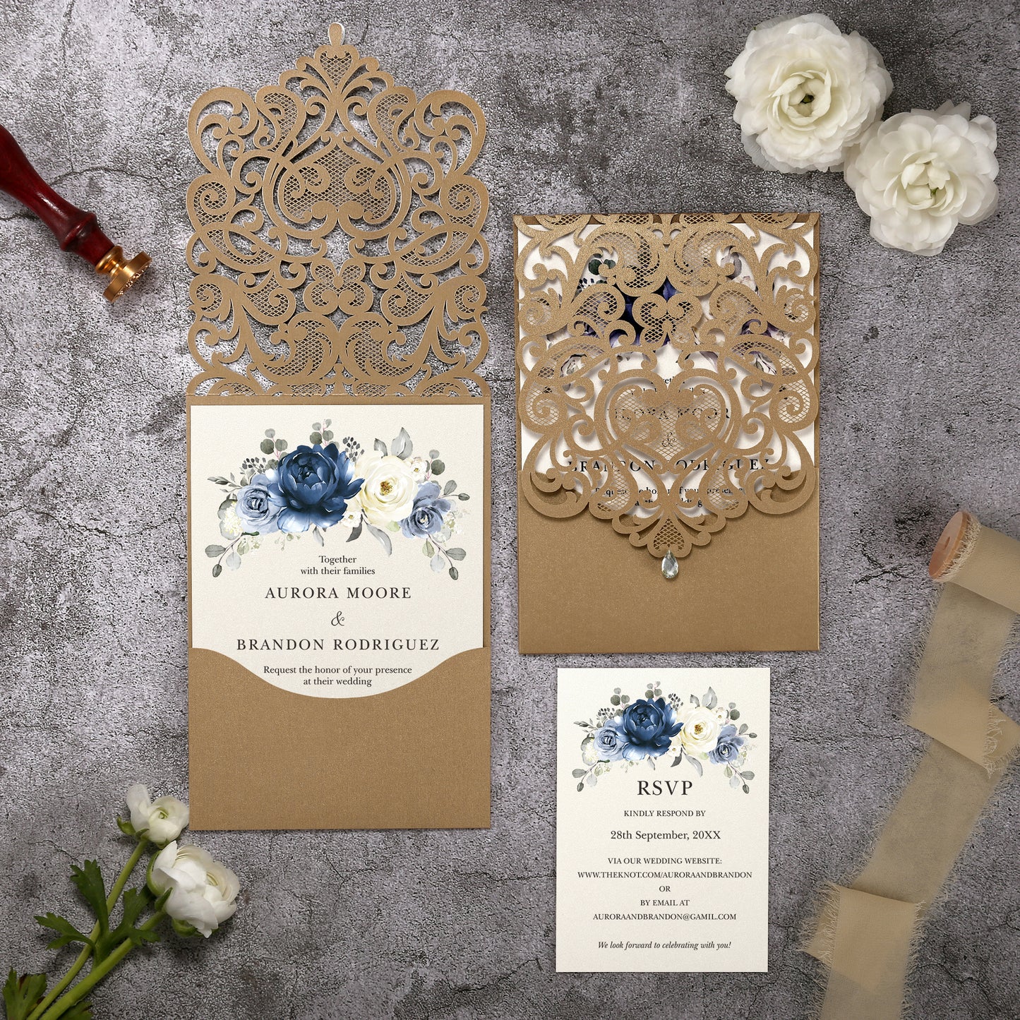 Vertical Blue Floral Laser cut invitations for Wedding Anniversary