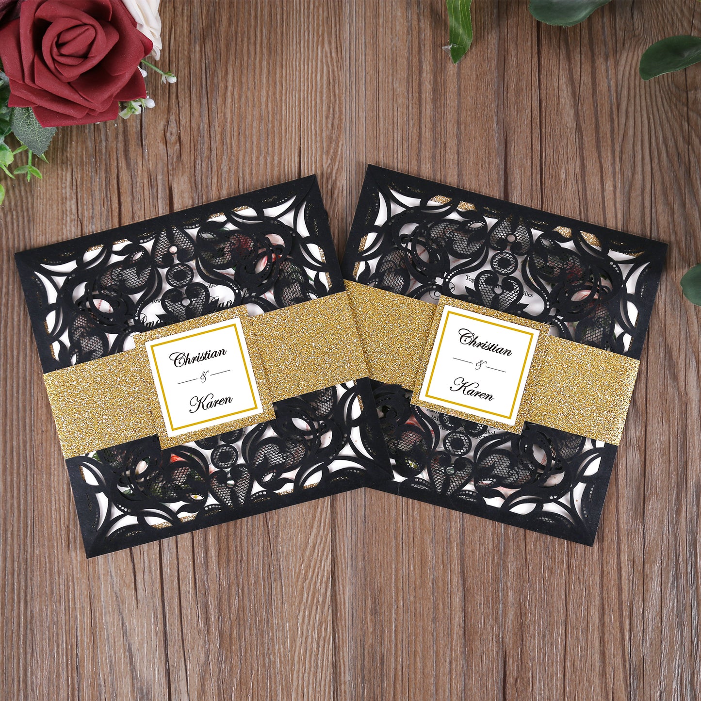 Square Black Laser Cut Lace Flower Invitations Cards