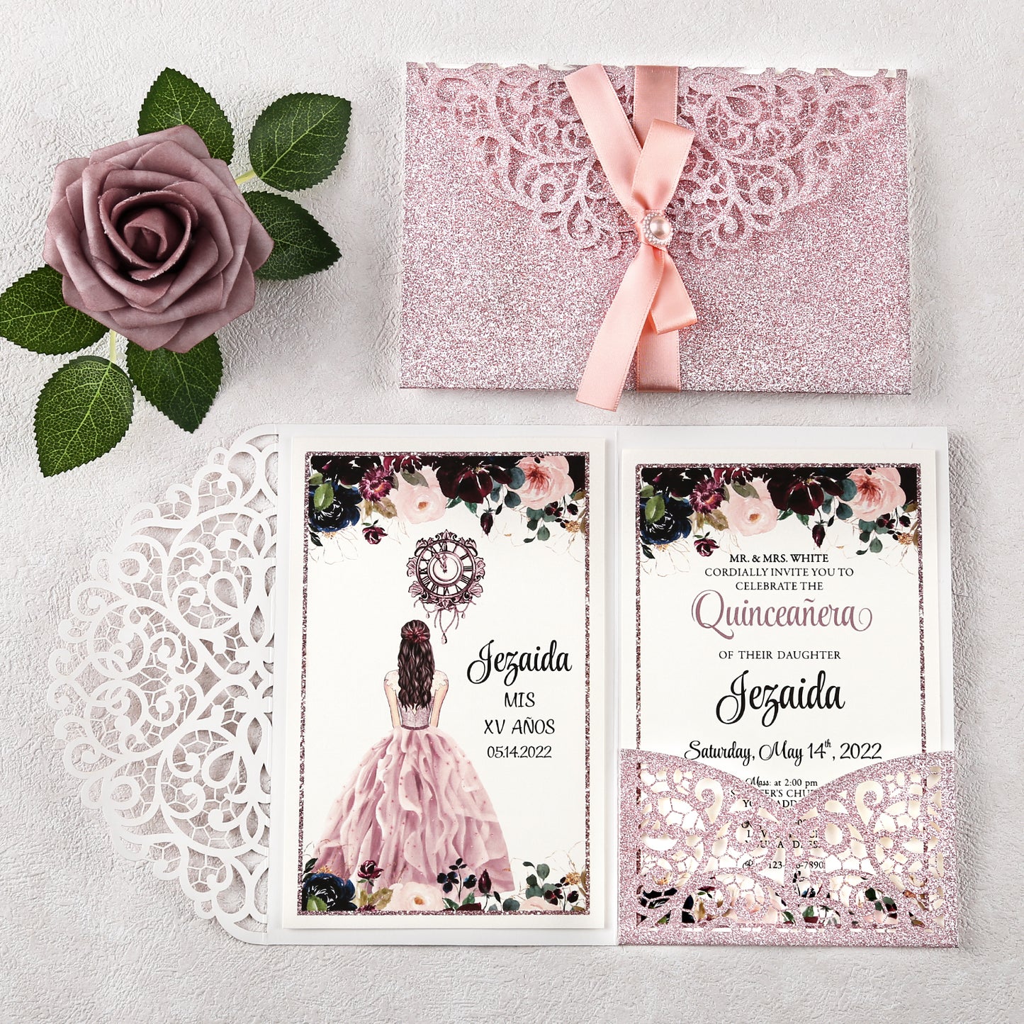 4.7 x7 inch Rose Gold Glitter Laser Cut Hollow Rose Quinceanera Invitations Cards with Envelopes for Quinceanera Party