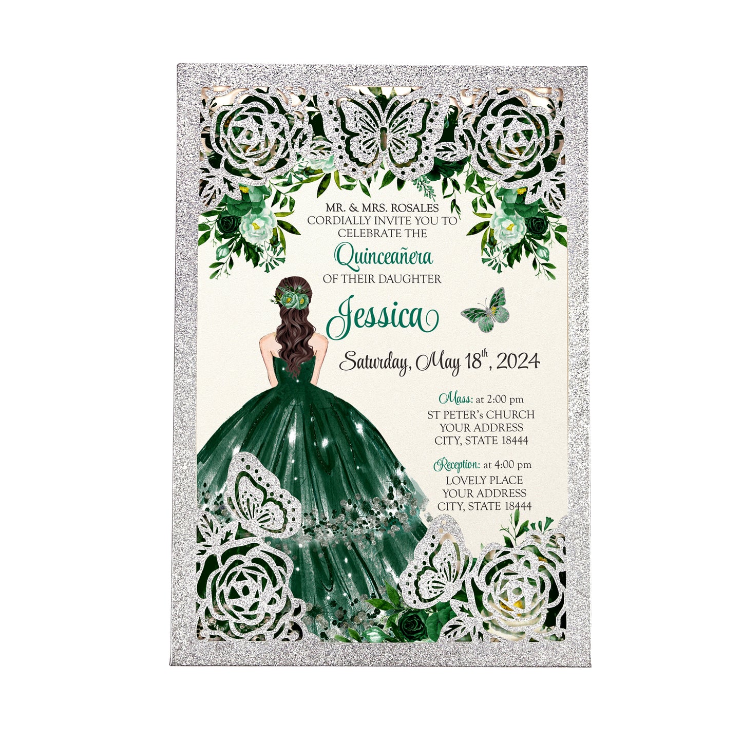 Silver with Hollow Butterflies Invitations Greeting Cards For Quinceanera