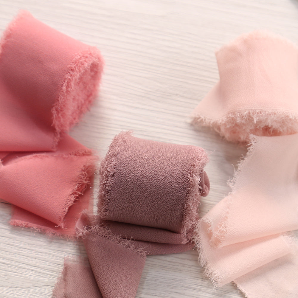 Handmade Fringe Chiffon Silk-Like Ribbon 2" x 7Yd Set of 3 Rolls Ribbons for Wedding Invitations, Bouquets, Gift Wrapping (3 Rolls Dusty Rose/Mauve/Pink) - DorisHome