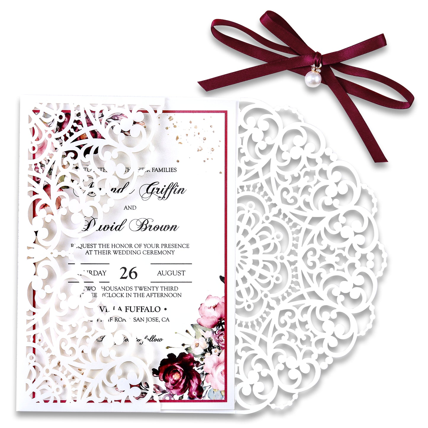 5 X 7.2" Laser Cut Hollow Rose Wedding invitations Cards With Burgundy Ribbon And Envelopes For Wedding Bridal Shower Engagement - DorisHome