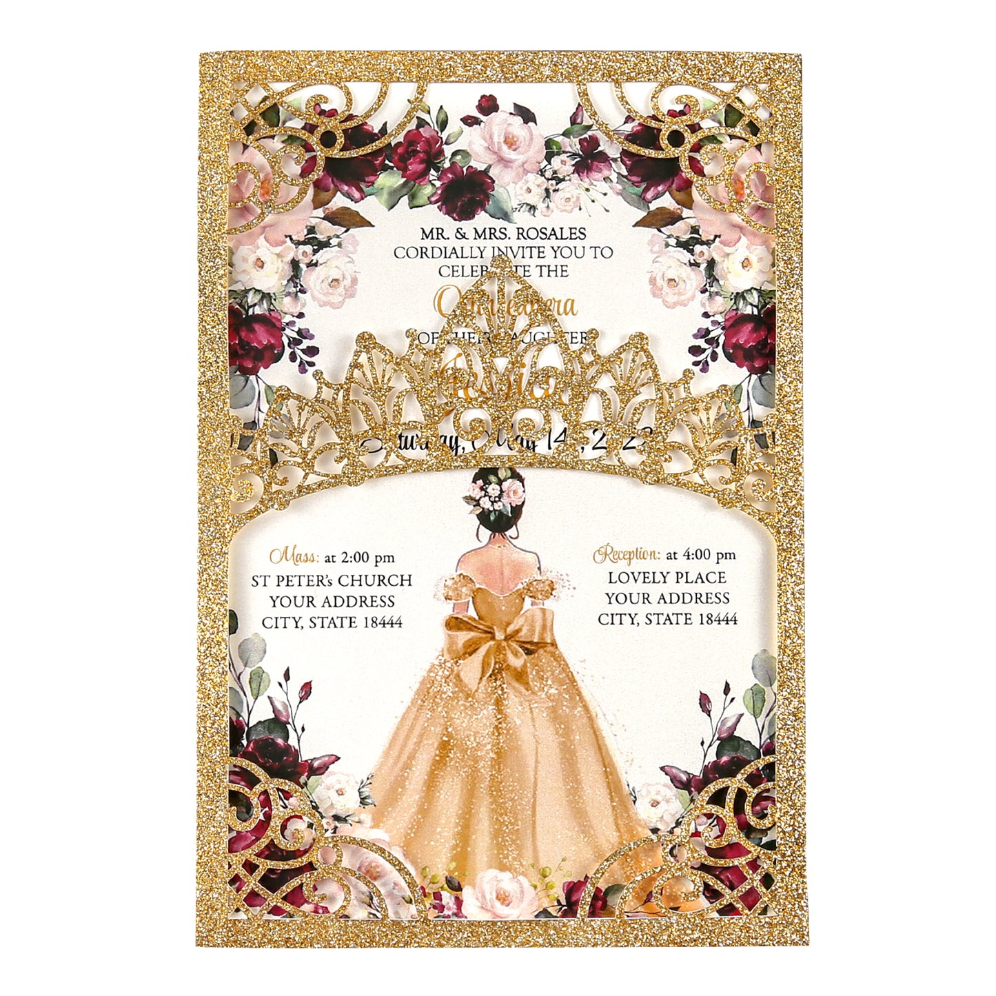 Gold Glitter Invitations Greeting Cards For Quinceanera