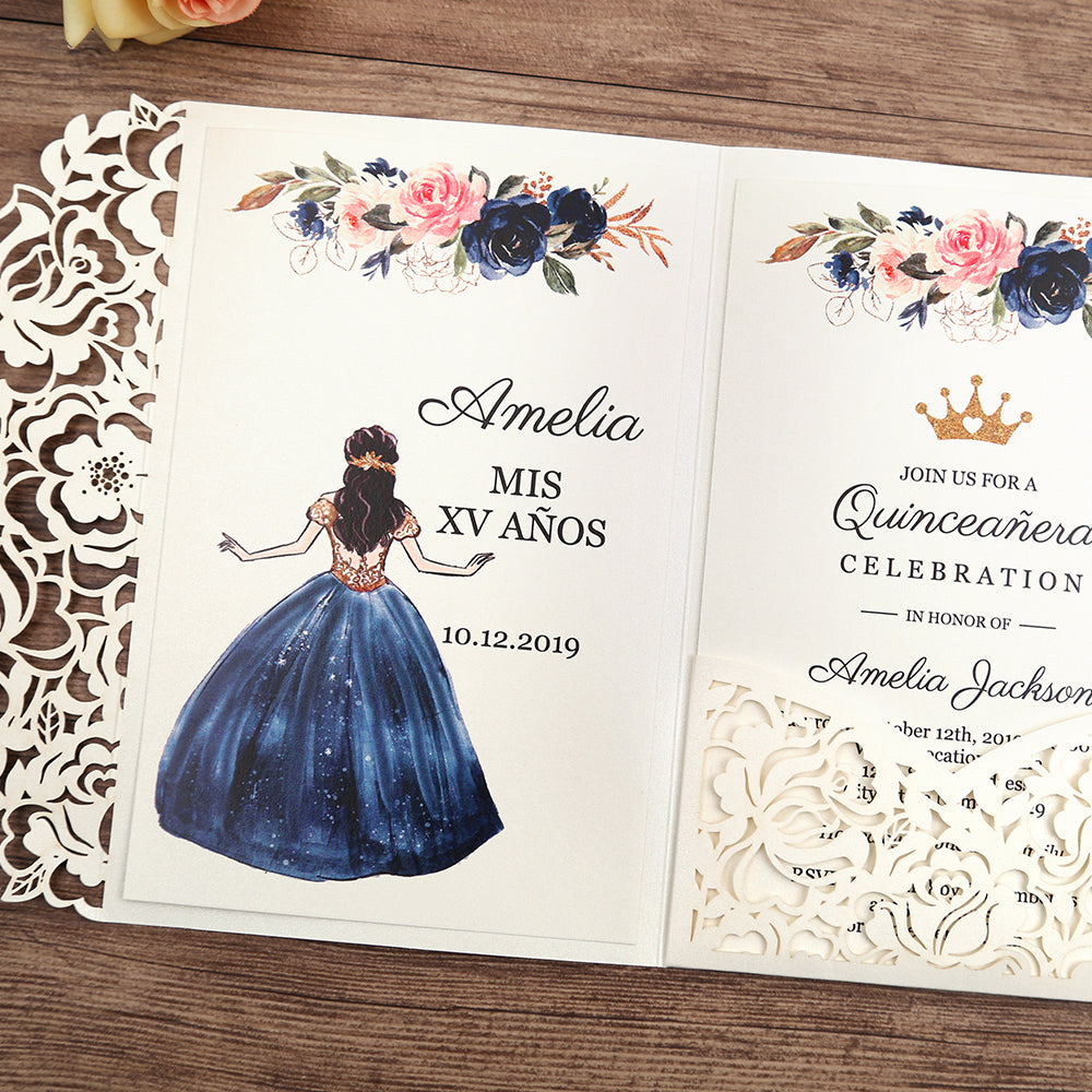 White Floral Laser cut invitation cards for Quinceanera - DorisHome