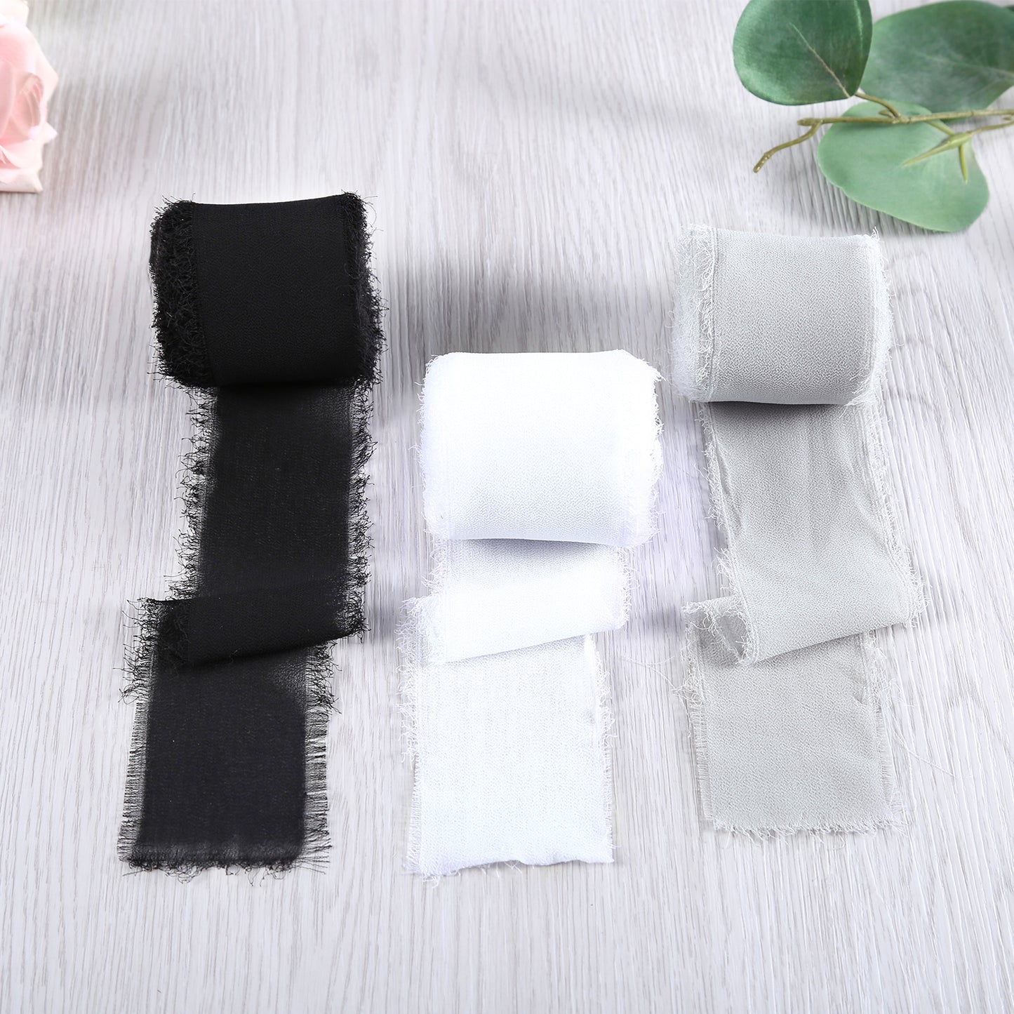 Handmade Fringe Chiffon Silk-Like Ribbon 2" x 7Yd Set of 3 Rolls Ribbons for Wedding Invitations, Bouquets, Gift Wrapping (3 Rolls Black/White/Light Grey)