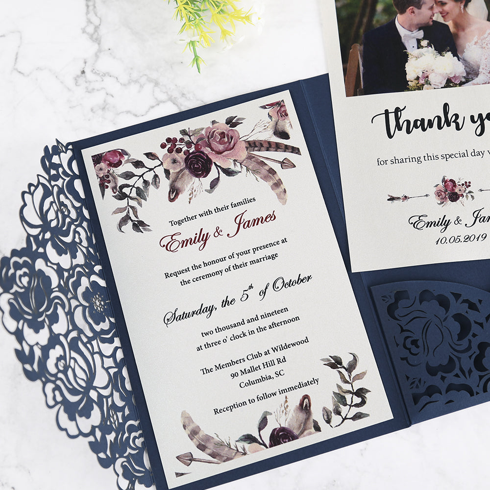 Blue Floral Laser cut invitation cards for Wedding, Anniversary - DorisHome