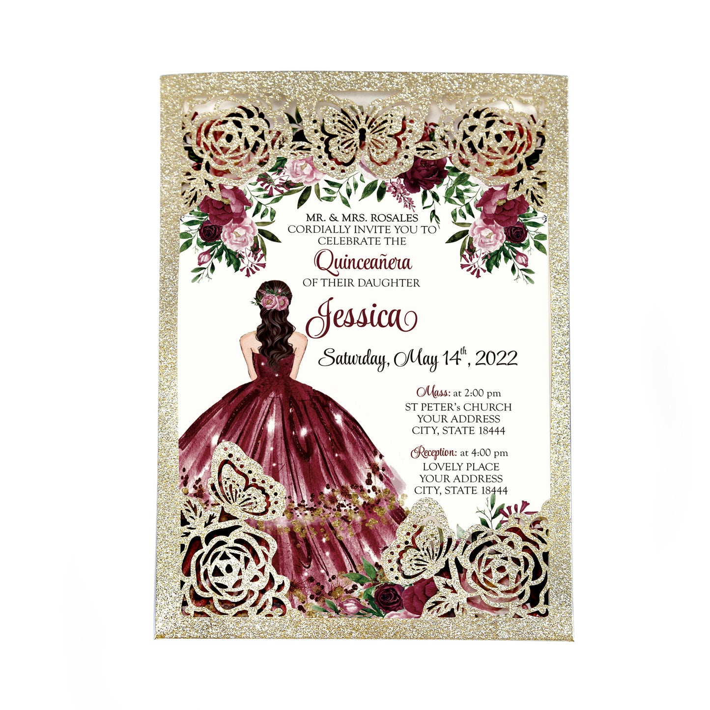 Light Gold Glitter with Hollow Butterflies Invitations Greeting Cards For Quinceanera