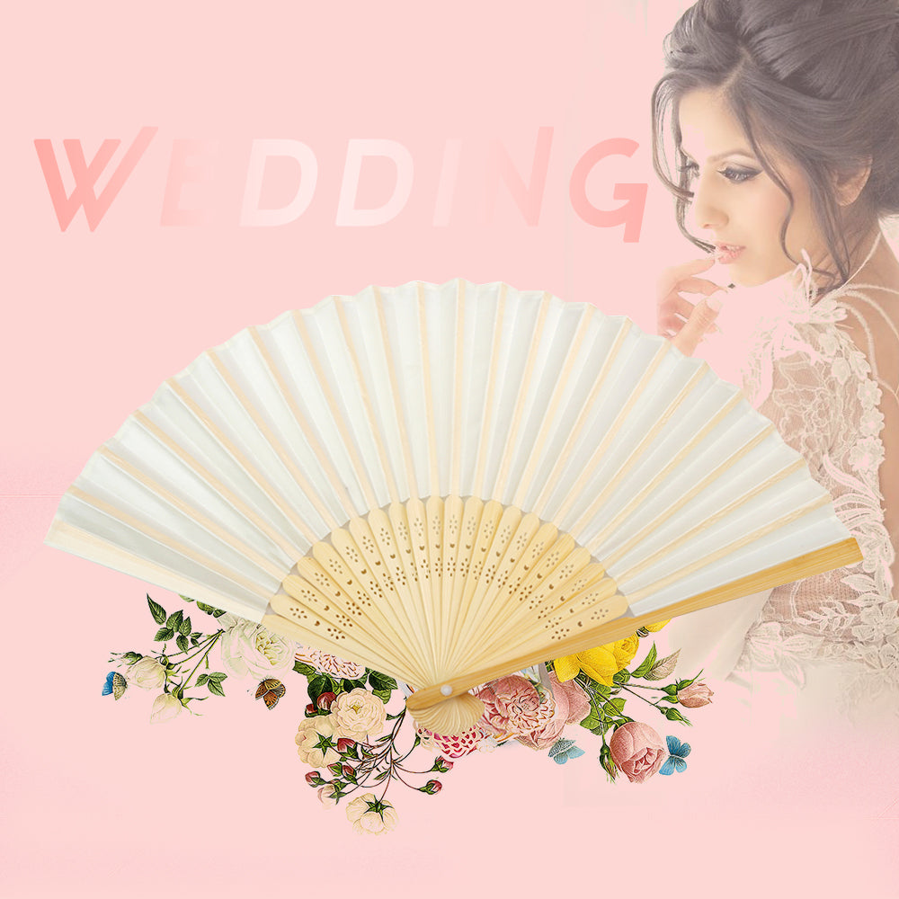 50pcs Satin Silk Folding Hand Held Bamboo Fans with Names for Summer Wedding Favor, Ivory - DorisHome