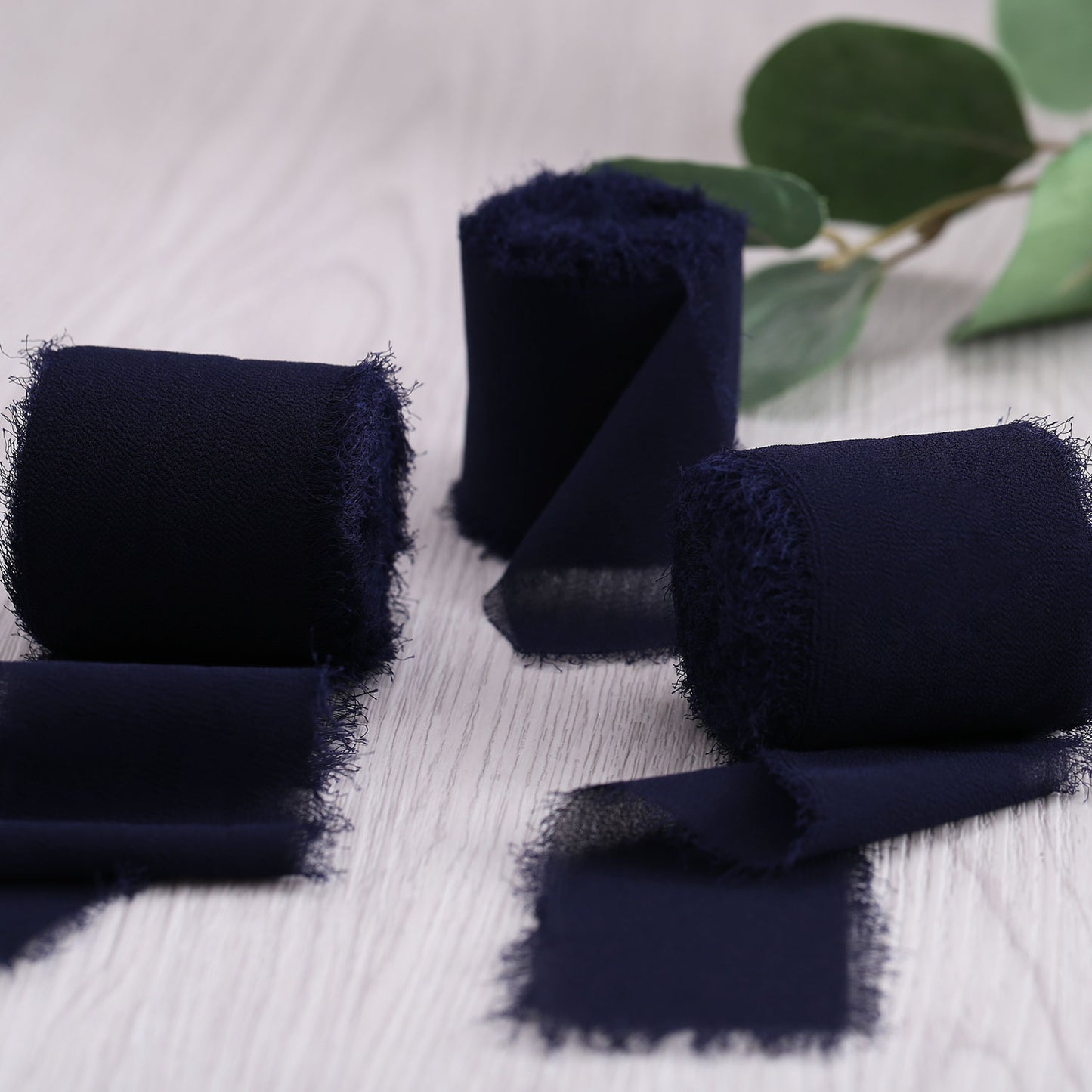 Handmade Fringe Chiffon Silk-Like Ribbon 2" x 7Yd Set of 3 Rolls Ribbons for Wedding Invitations, Bouquets, Gift Wrapping (3 Rolls Dark Navy Blue)