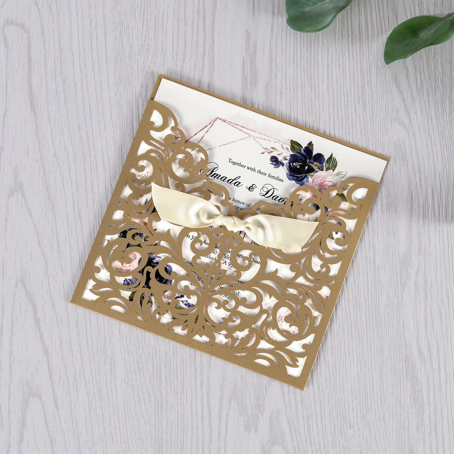 Gold Laser Cut Beige Ribbon Wedding Invitation