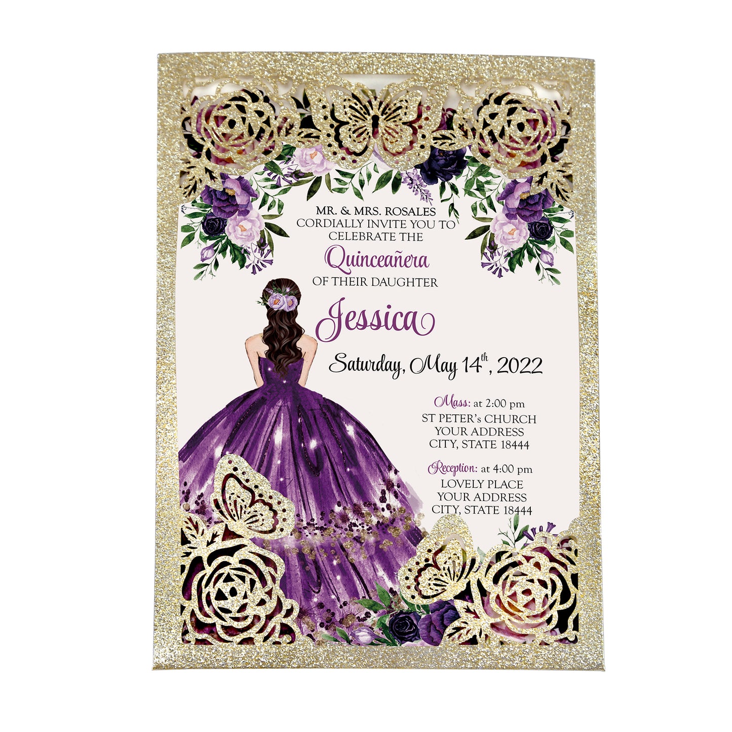 Light Gold Glitter with Hollow Butterflies Invitations Greeting Cards For Quinceanera
