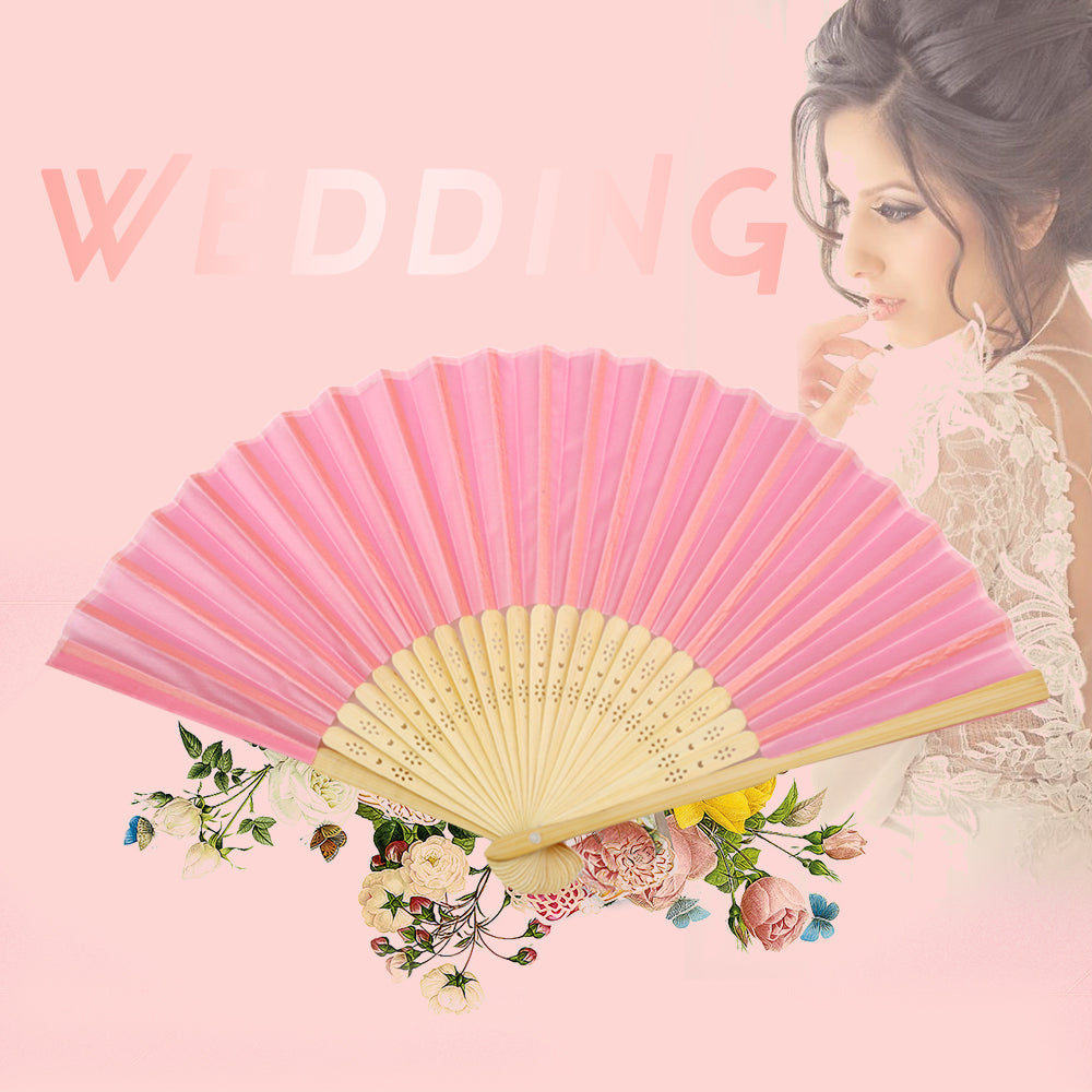 50pcs Satin Silk Folding Hand Held Bamboo Fans with Names for Summer Wedding Favor, Pink - DorisHome