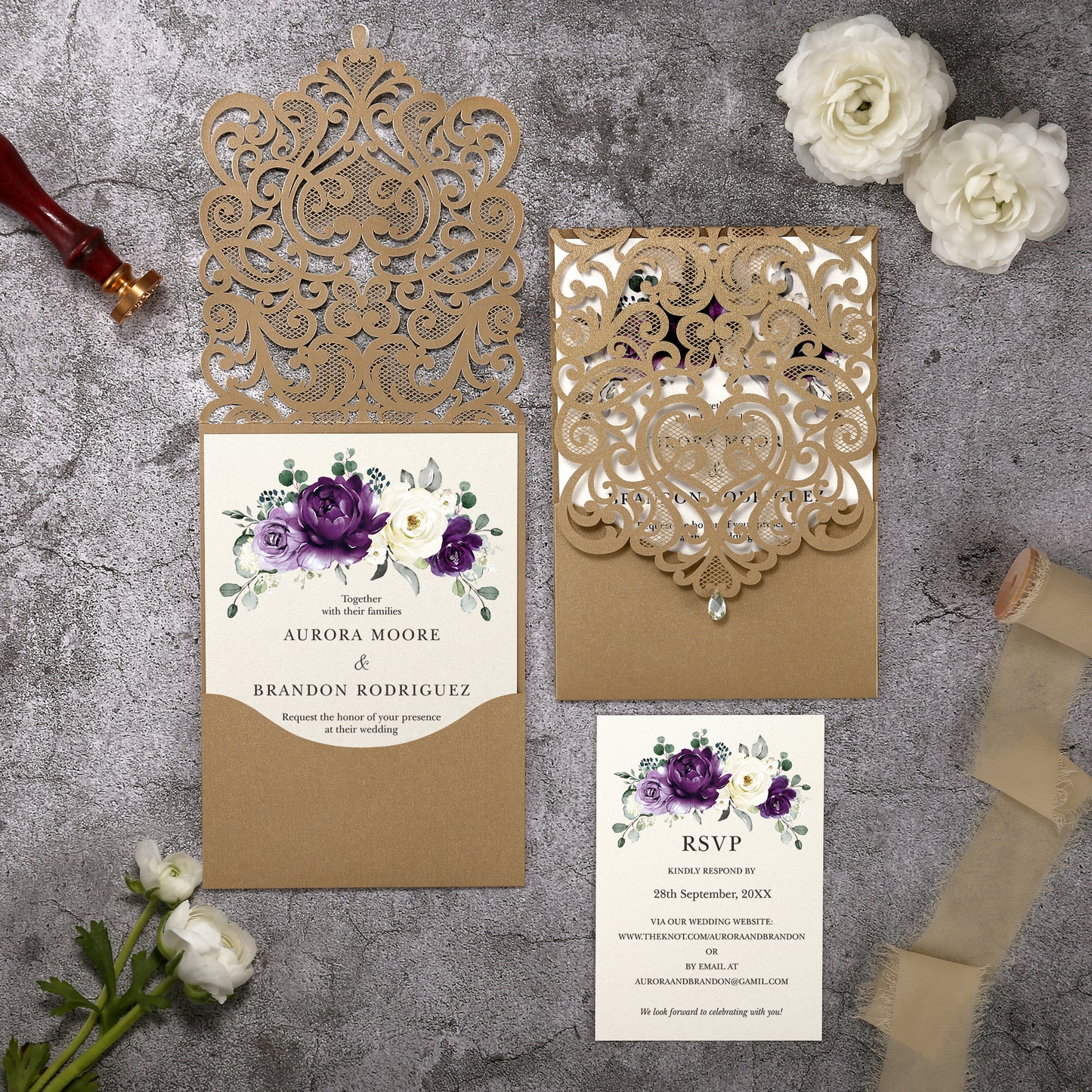 Vertical Purple Floral Laser cut invitations for Wedding Anniversary