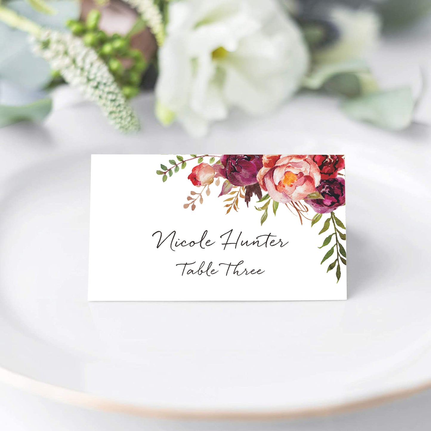 Floral Place Cards for Wedding or Party, Seating Place Cards for Tables, Scored for Easy Folding, Burgundy Flower Design, 2 x 3.5 Inches