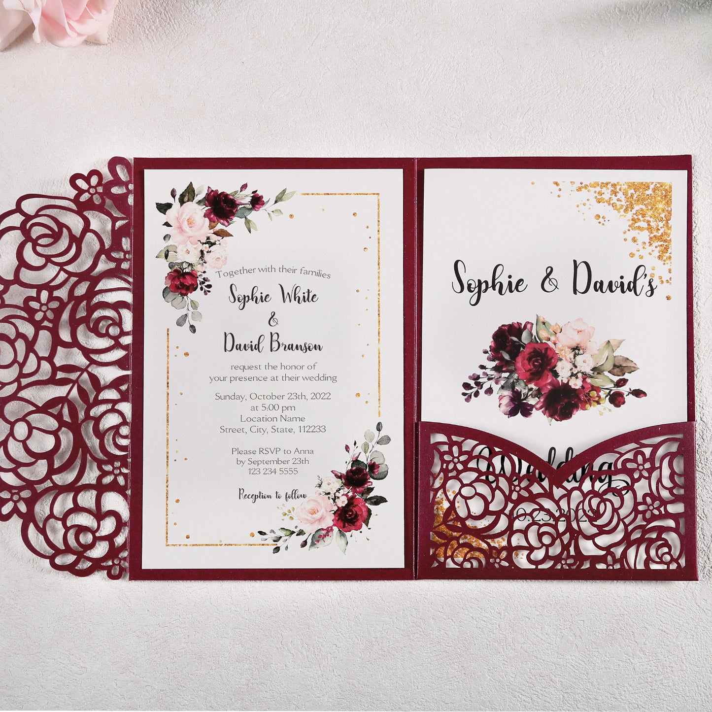 4.7 x7 inch Burgundy Laser Cut Hollow Rose Wedding Invitations Cards with Pearlized Pockets and Envelopes for Wedding Bridal Shower - DorisHome