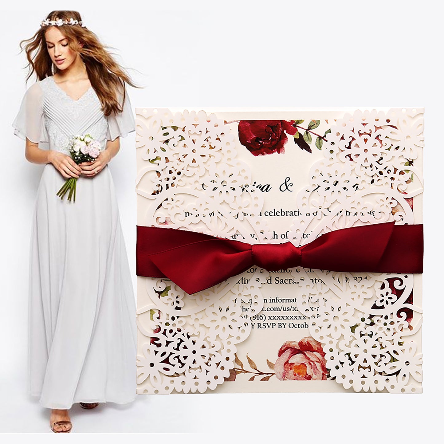 Square Invitations Cards With Burgundy Ribbon For Wedding