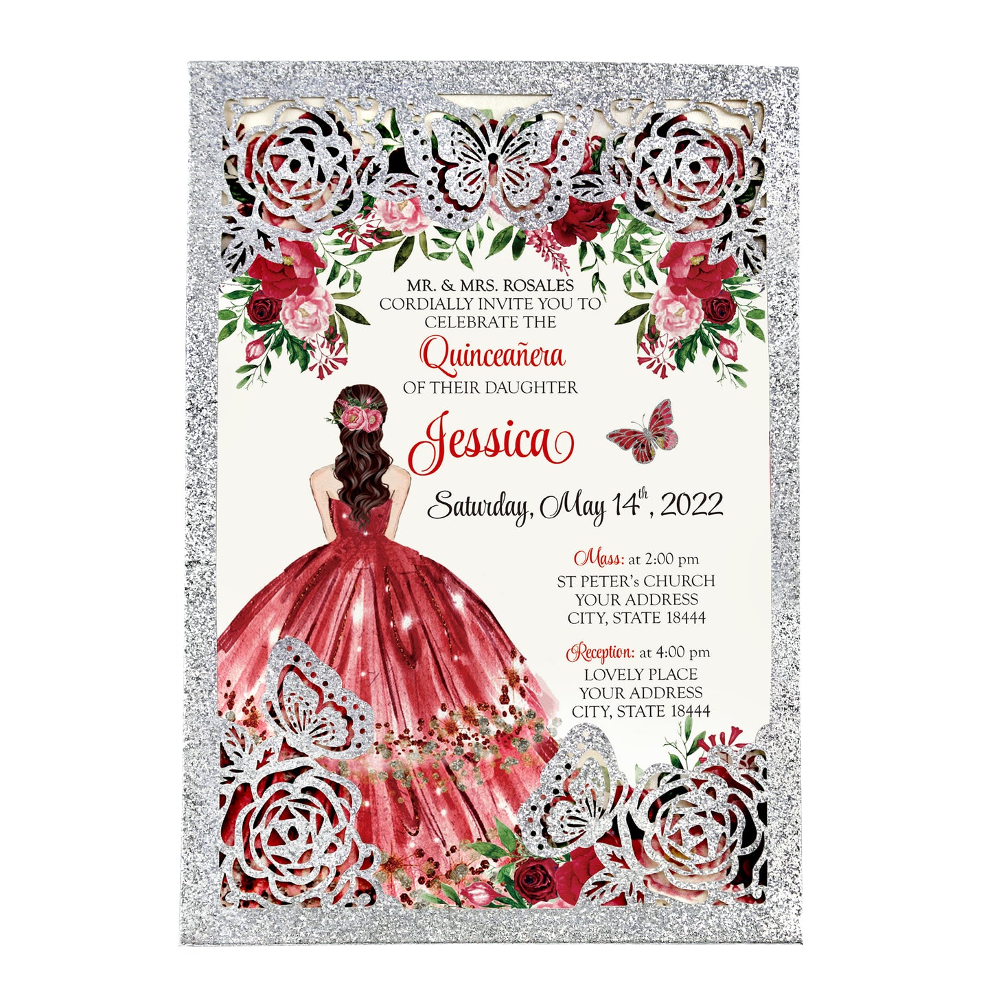 Silver with Hollow Butterflies Invitations Greeting Cards For Quinceanera