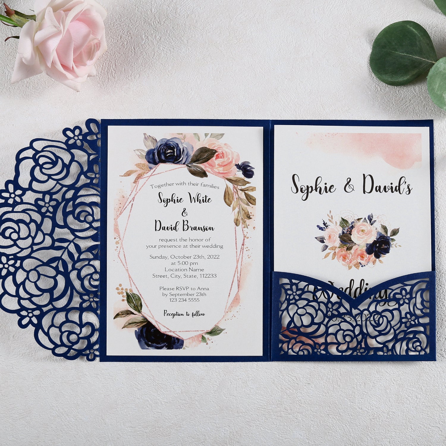 4.7 x7 inch Blue Laser Cut Hollow Rose Wedding Invitations Cards with Pearlized Pockets and Envelopes for Wedding Bridal Shower - DorisHome