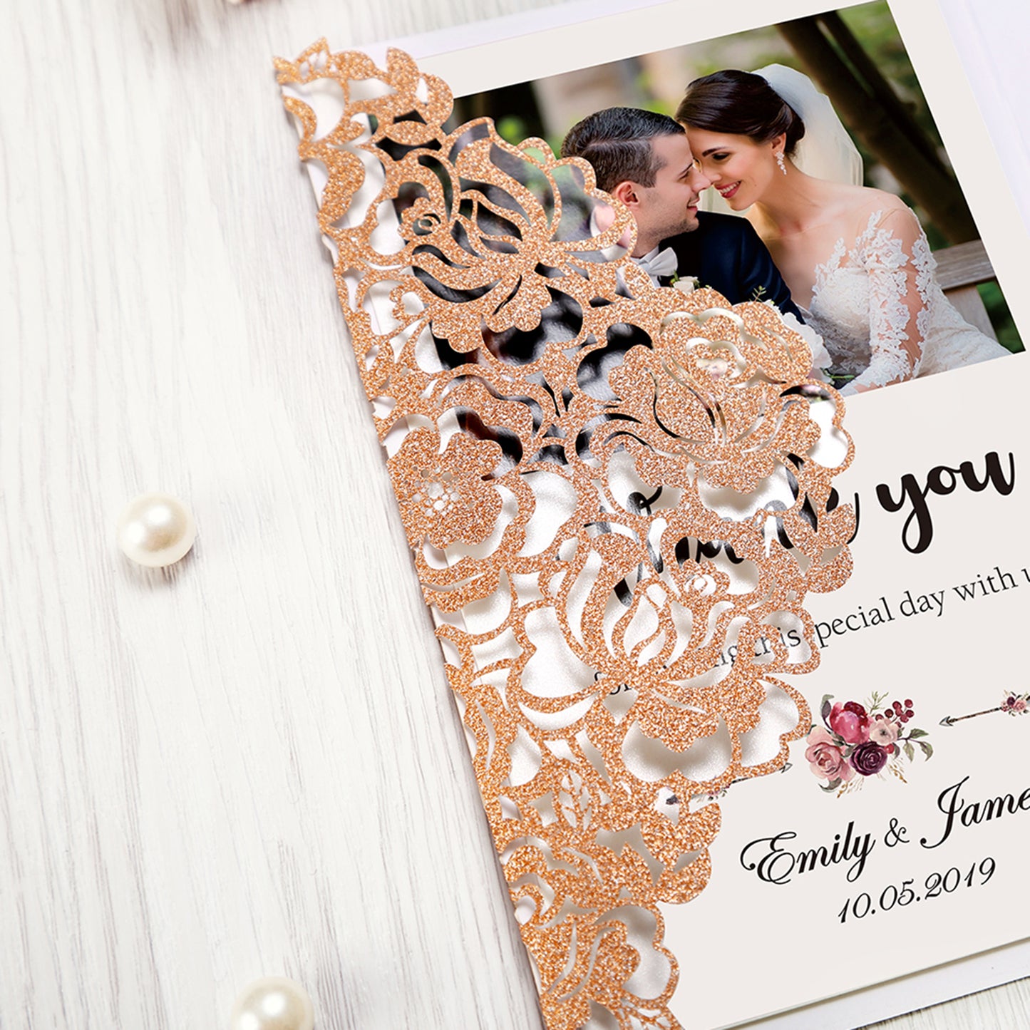4.7 x7 inch Bronze Glitter Laser Cut Hollow Rose Wedding Invitations Cards with Envelopes