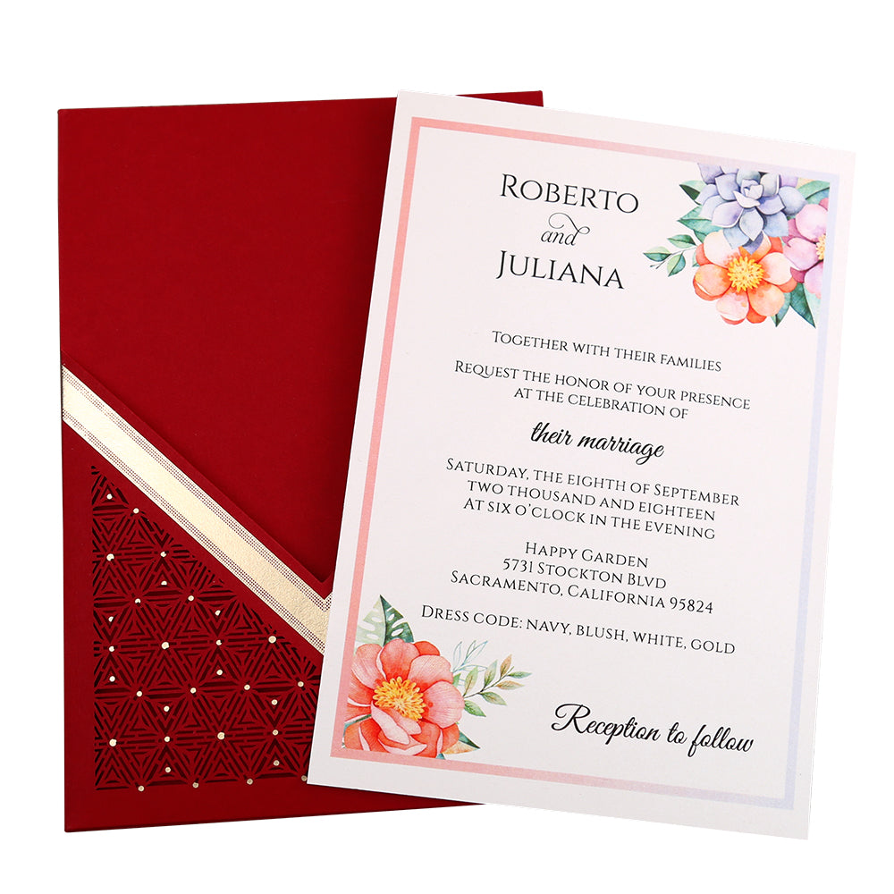 Red Floral Laser cut invitation cards for Wedding, Anniversary - DorisHome