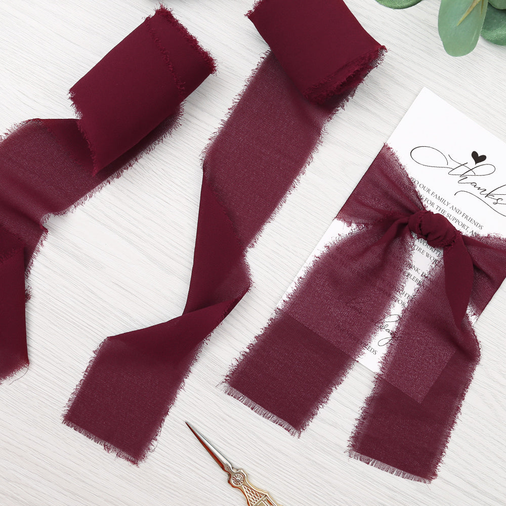 Handmade Fringe Chiffon Silk-Like Ribbon 2" x 7Yd Set of 3 Rolls Ribbons for Wedding Invitations, Bouquets, Gift Wrapping (3 Rolls Burgundy) - DorisHome