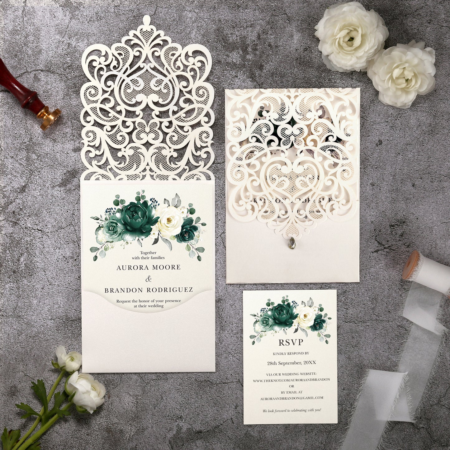 Vertical Green Floral Laser cut invitations for Wedding Anniversary