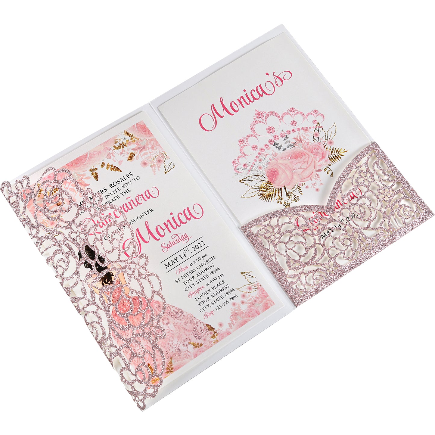 4.7 x7 inch Rose Gold Glitter Laser Cut Hollow Rose Wedding Invitations Cards with Glitter Pockets and Envelopes for Quincenera Birthday Party - DorisHome