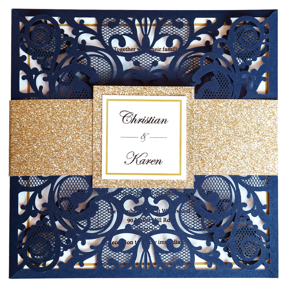 Square Blue Wedding Invitations with Glitter Belly Band for Wedding - DorisHome