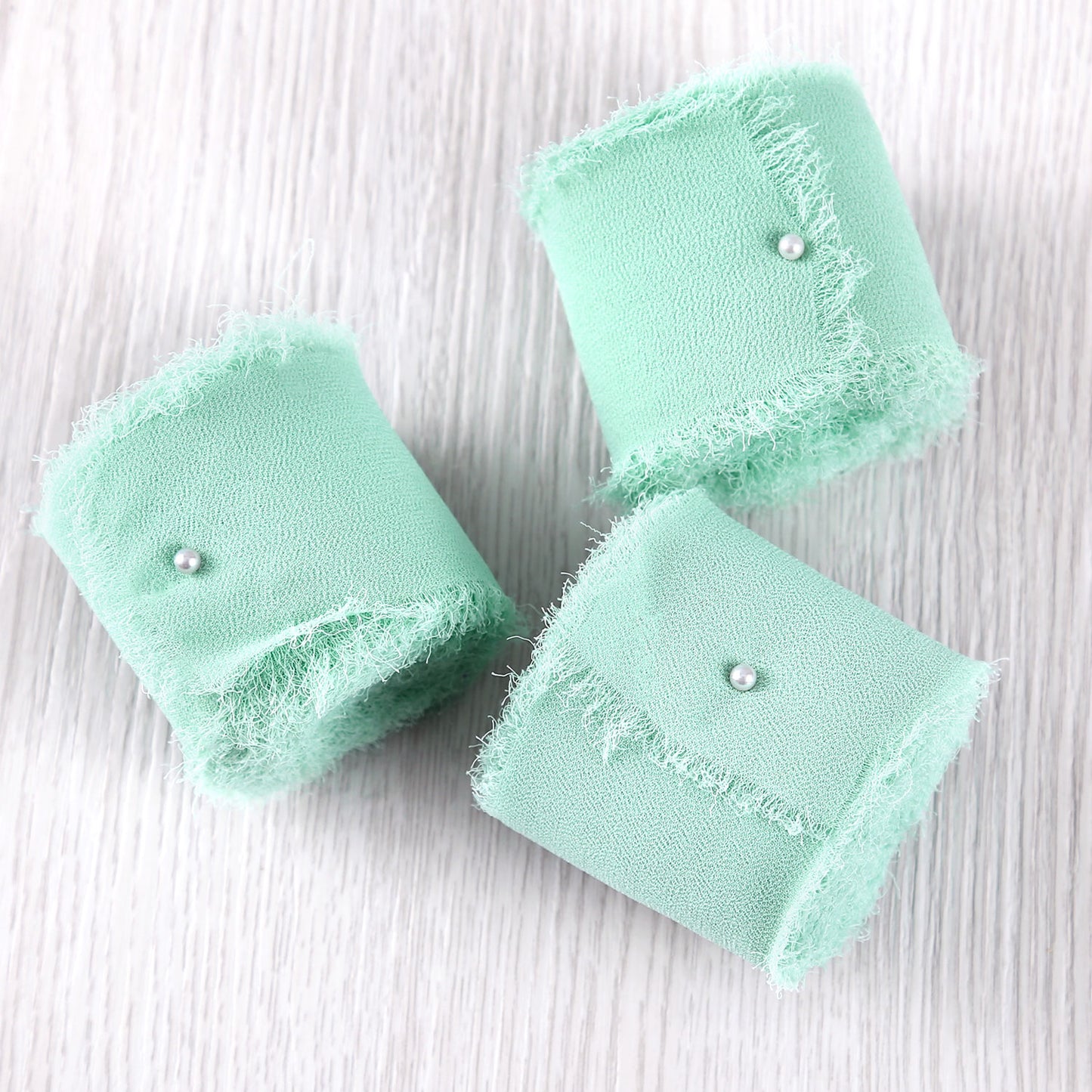 DORIS HOME Handmade Fringe Chiffon Silk-Like Ribbon 2" x 7Yd Set of 3 Rolls Ribbons for Wedding Invitations, Bouquets, Gift Wrapping (3 Rolls Mint Green)