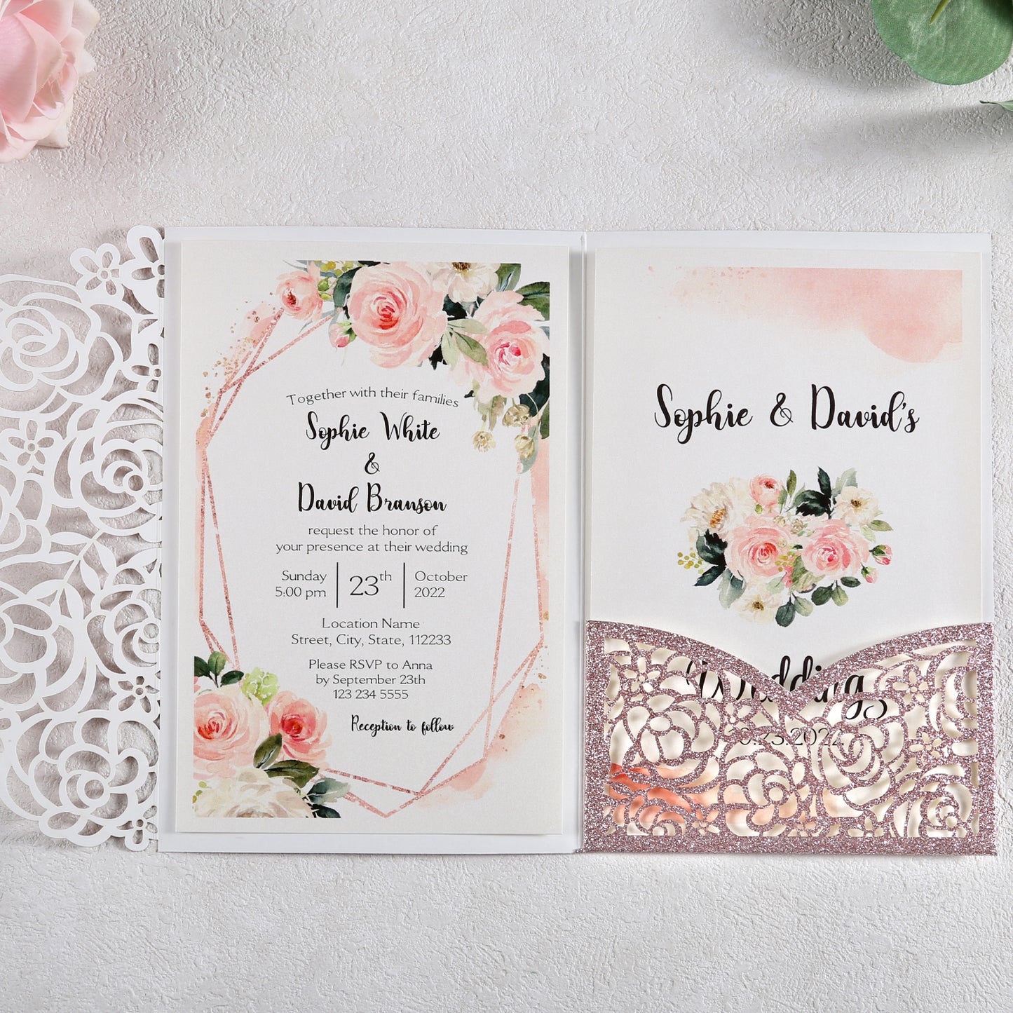 4.7 x7 inch Rose Gold Laser Cut Hollow Rose Wedding Invitations Cards with Glitter Pockets and Envelopes for Wedding Bridal Shower - DorisHome