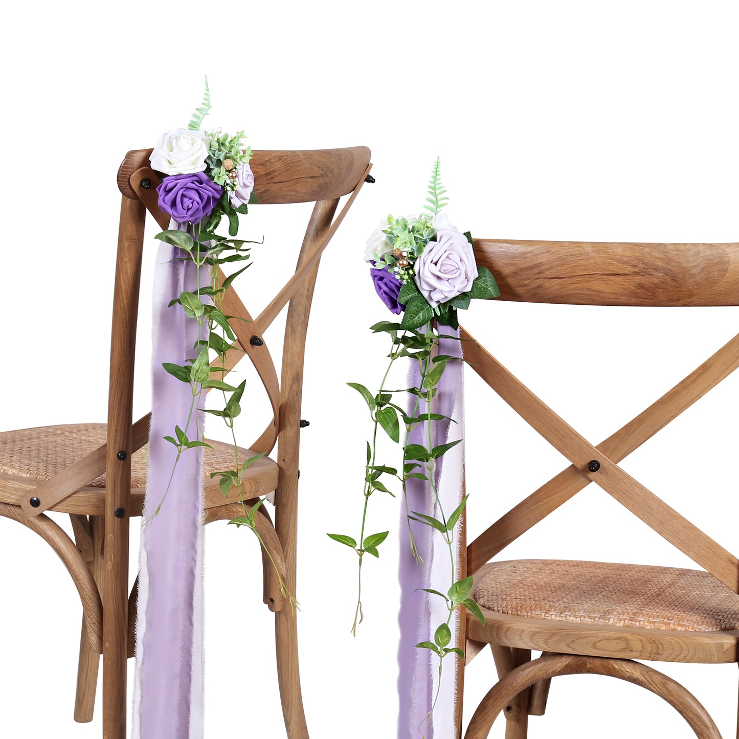 Wedding Aisle Decorations Purple Pew Flowers Set of 10 for Wedding Ceremony Party Chair Decor with Artificial Flowers Eucalyptus and Ribbons