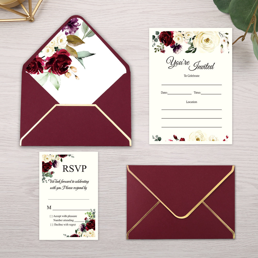 Pocket Burgundy Wedding Invitations Greeting Cards - DorisHome
