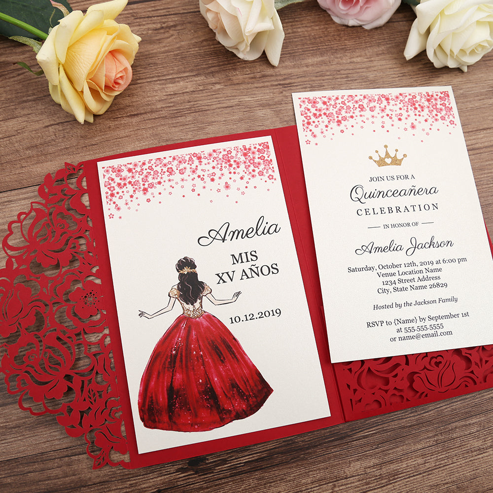 Red Floral Laser cut invitation cards for Quinceanera - DorisHome
