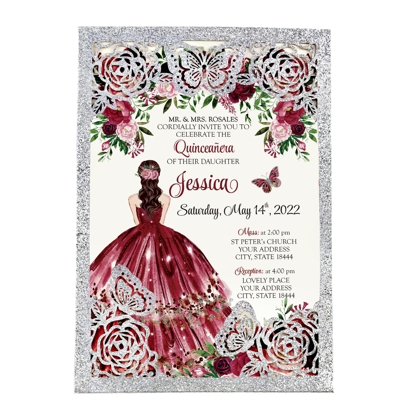 Silver with Hollow Butterflies Invitations Greeting Cards For Quinceanera