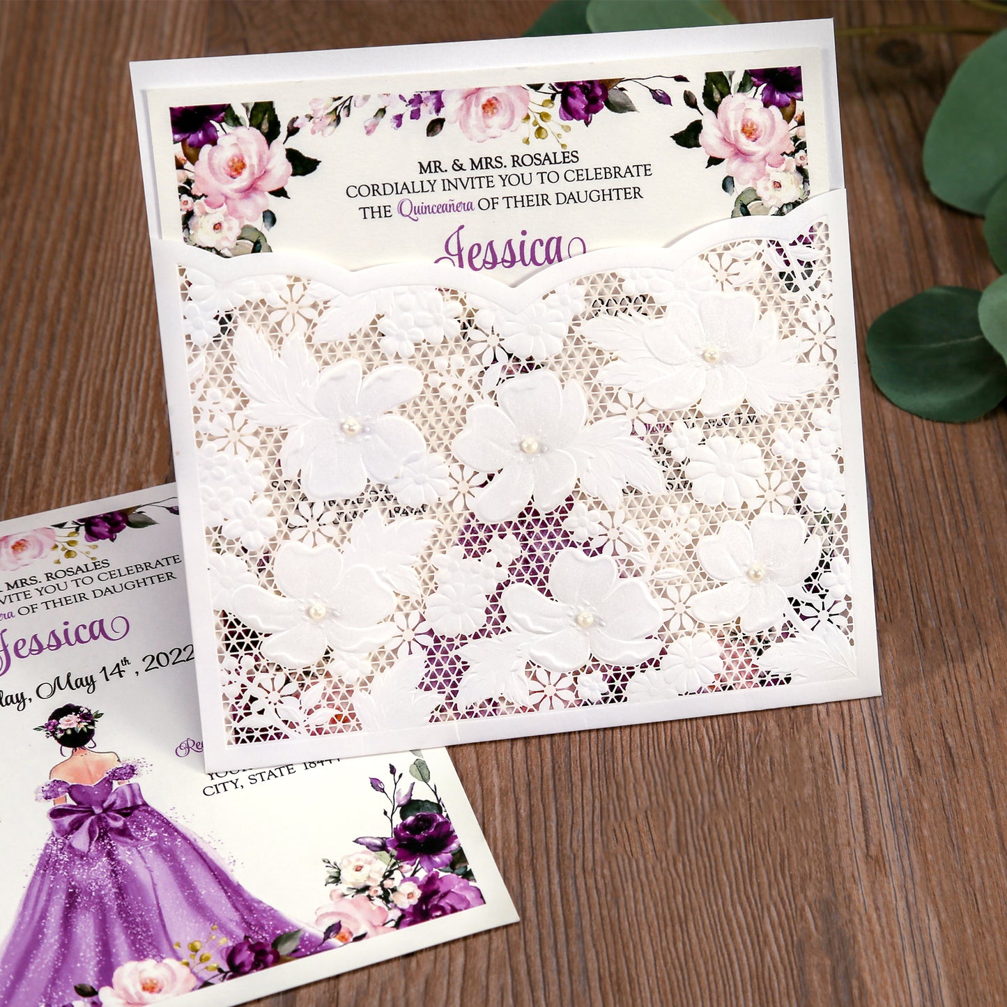 Ivory White Small Pearl Lace Invitations with Purple Design for Quinceanera