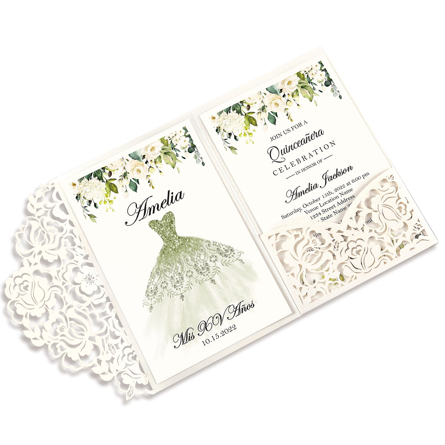 White Floral Laser cut green design invitation cards for Quinceanera