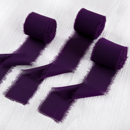 Handmade Fringe Chiffon Silk-Like Ribbon 2" x 7Yd Set of 3 Rolls Ribbons for Wedding Invitations, Bouquets, Gift Wrapping (3 Rolls Plum)