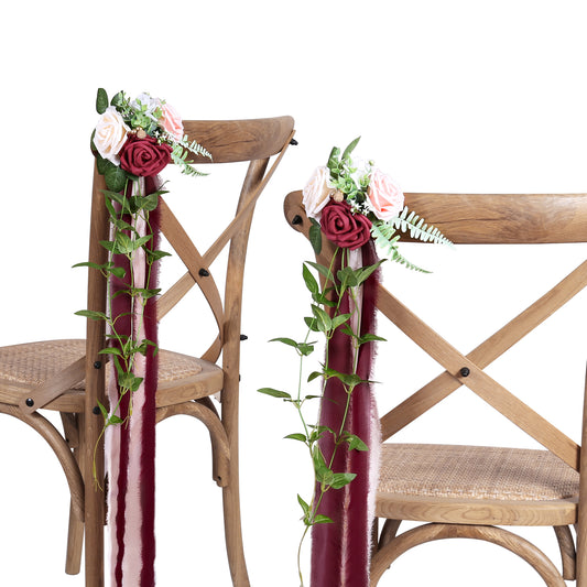 Wedding Aisle Decorations Burgundy Pew Flowers Set of 10 for Wedding Ceremony Party Chair Decor with Artificial Flowers Eucalyptus and Ribbons