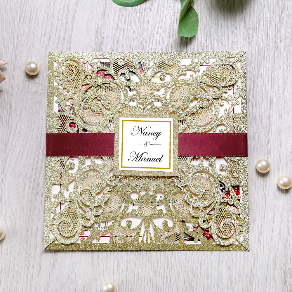 Square Glitter Gold Wedding Invitations with Burgundy Ribbon Belly Band for Wedding - DorisHome