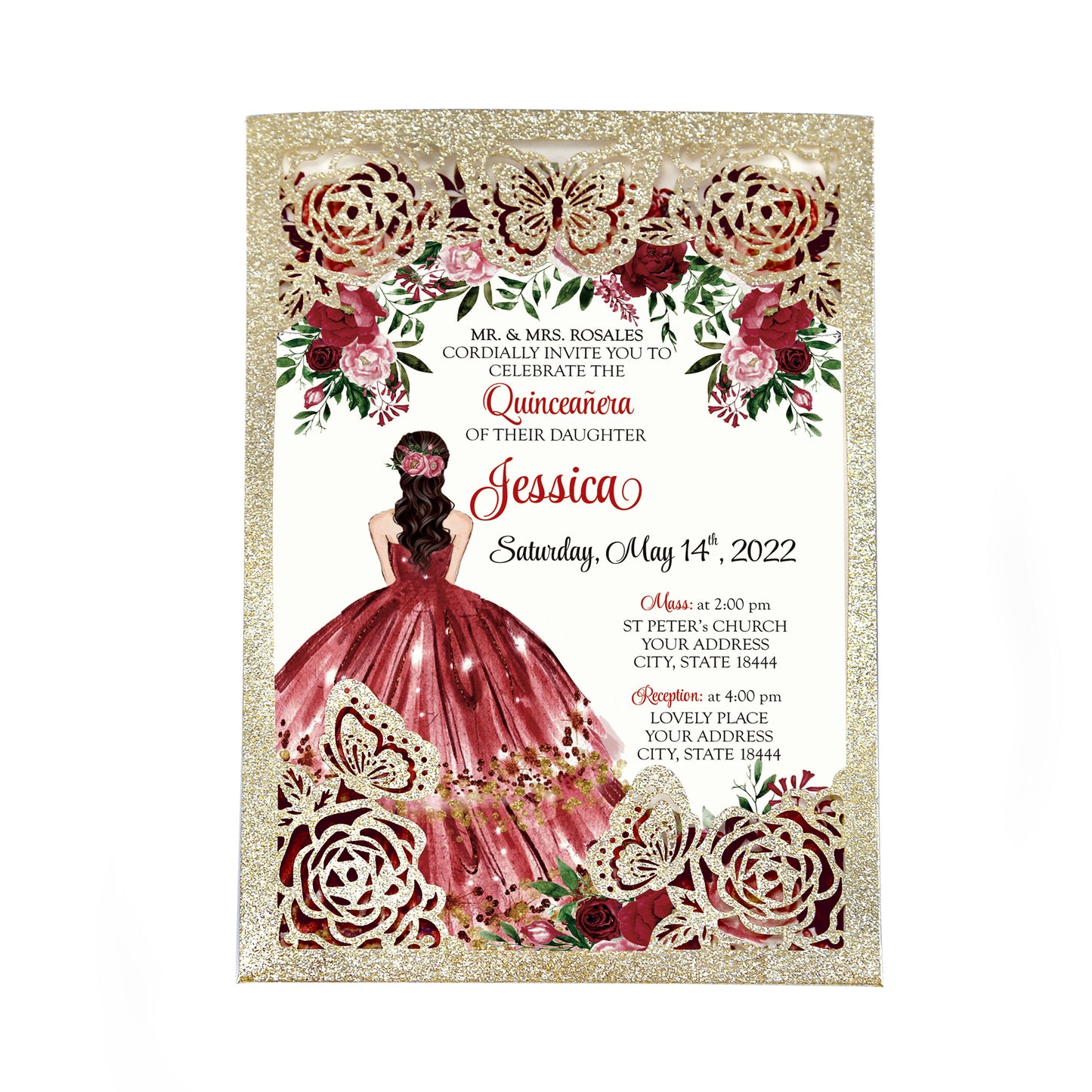 Light Gold Glitter with Hollow Butterflies Invitations Greeting Cards For Quinceanera