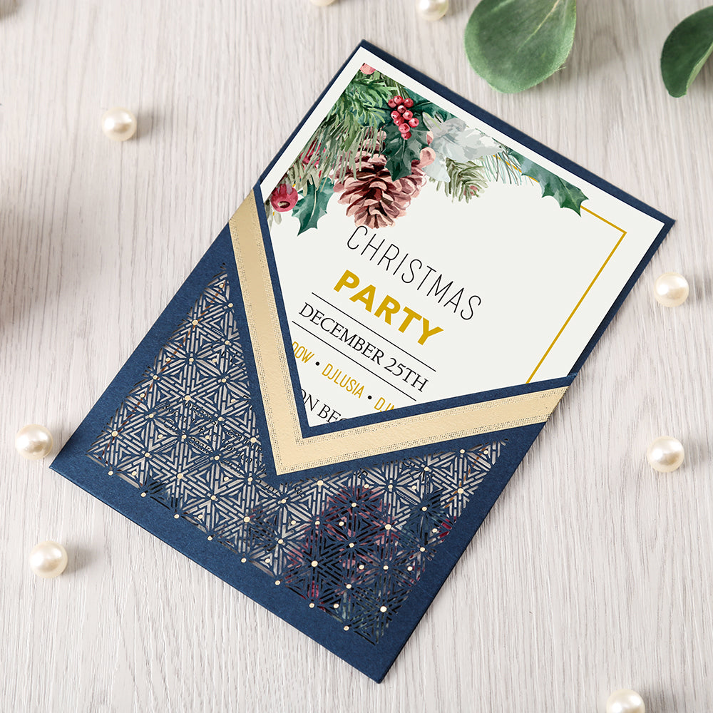 Blue Floral Laser cut invitation cards for Wedding, Anniversary - DorisHome