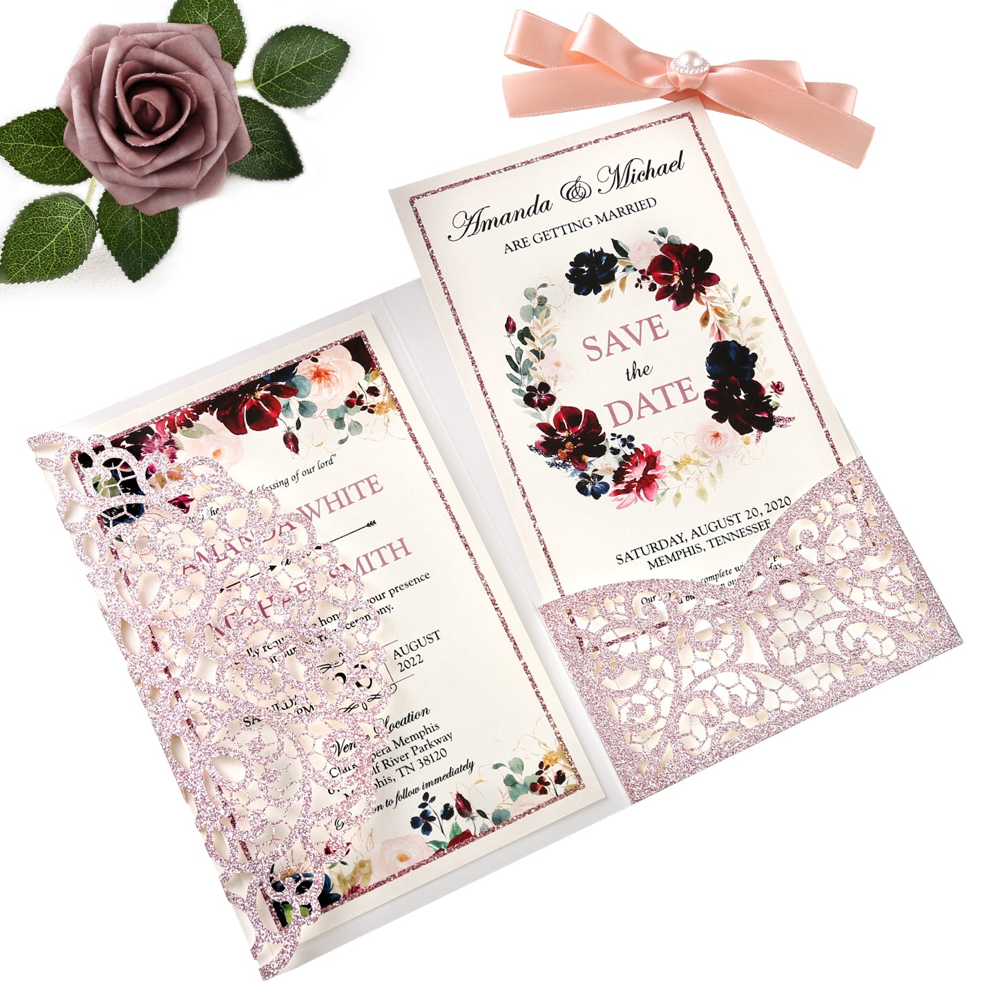 4.7 x7 inch Rose Gold Glitter Laser Cut Hollow Rose Wedding Invitations Cards with Envelopes for Wedding Party