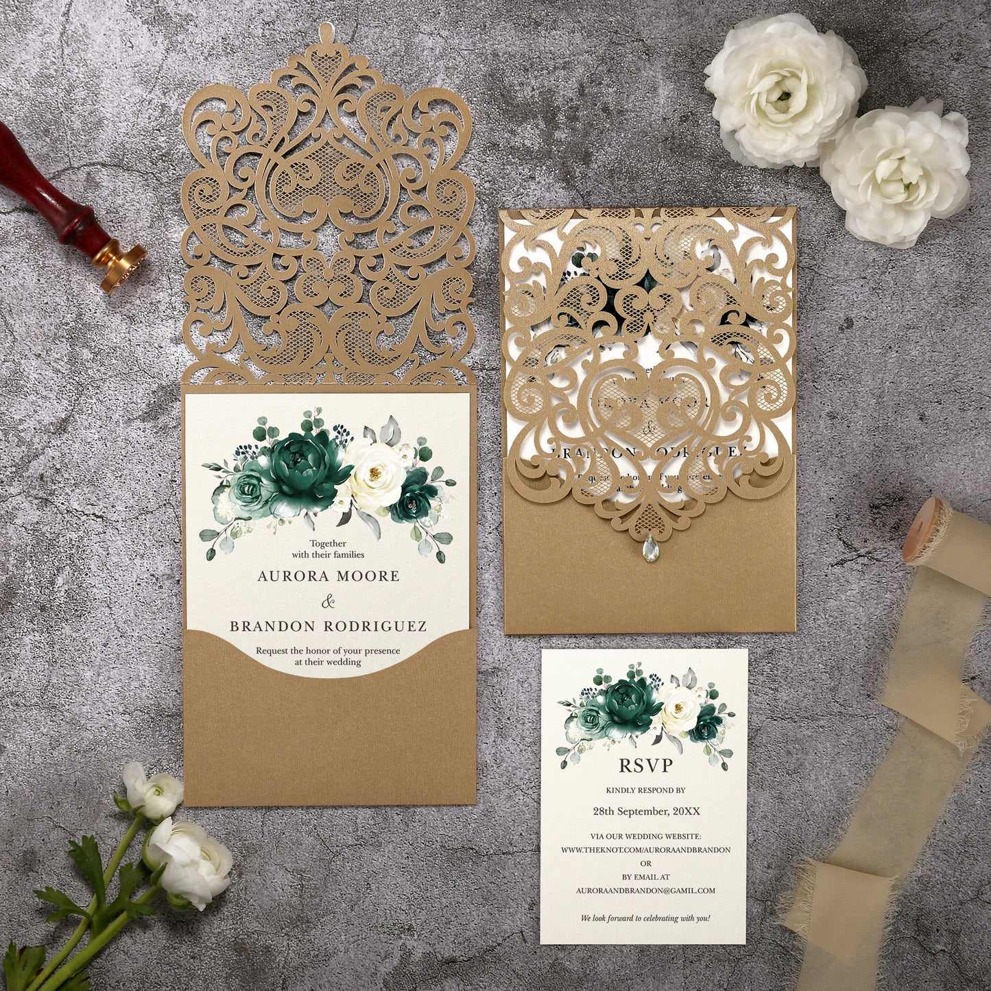 Vertical Green Floral Laser cut invitations for Wedding Anniversary