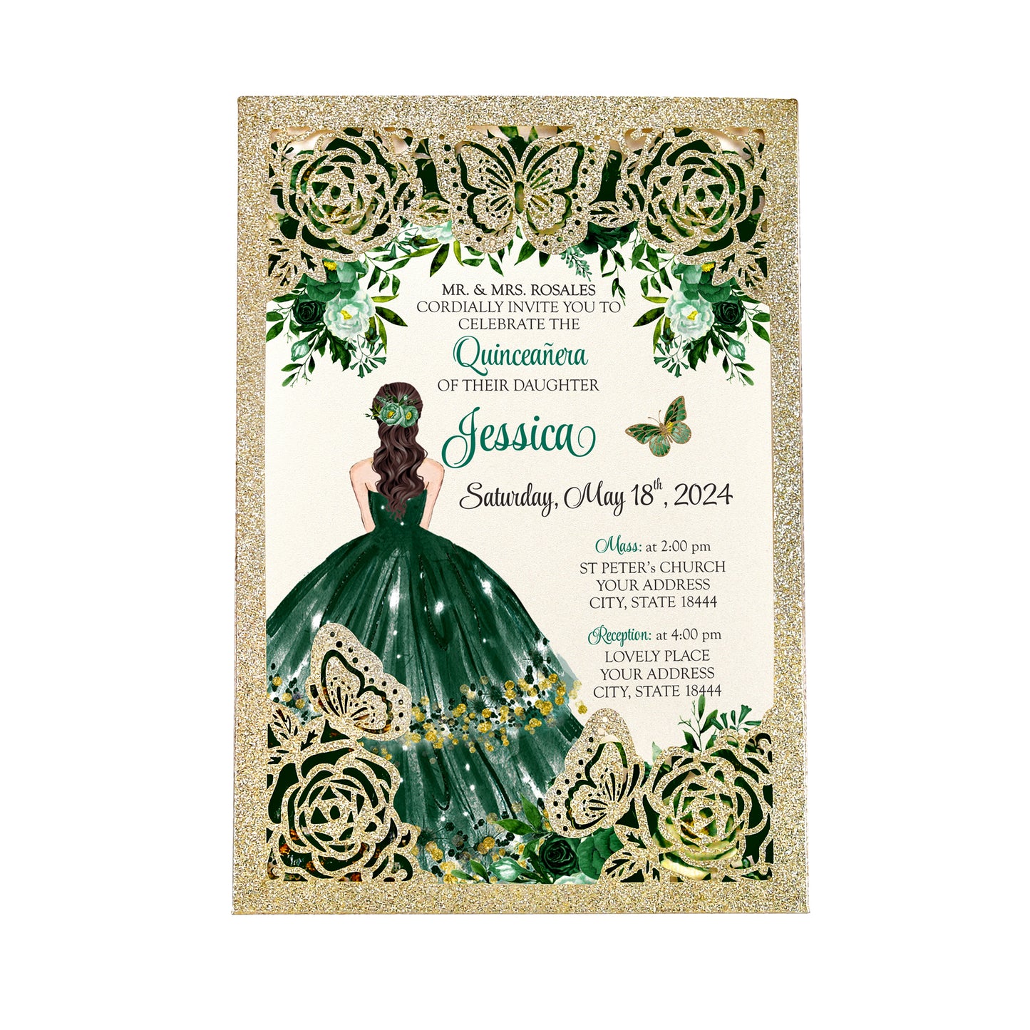 Light Gold Glitter with Hollow Butterflies Invitations Greeting Cards For Quinceanera