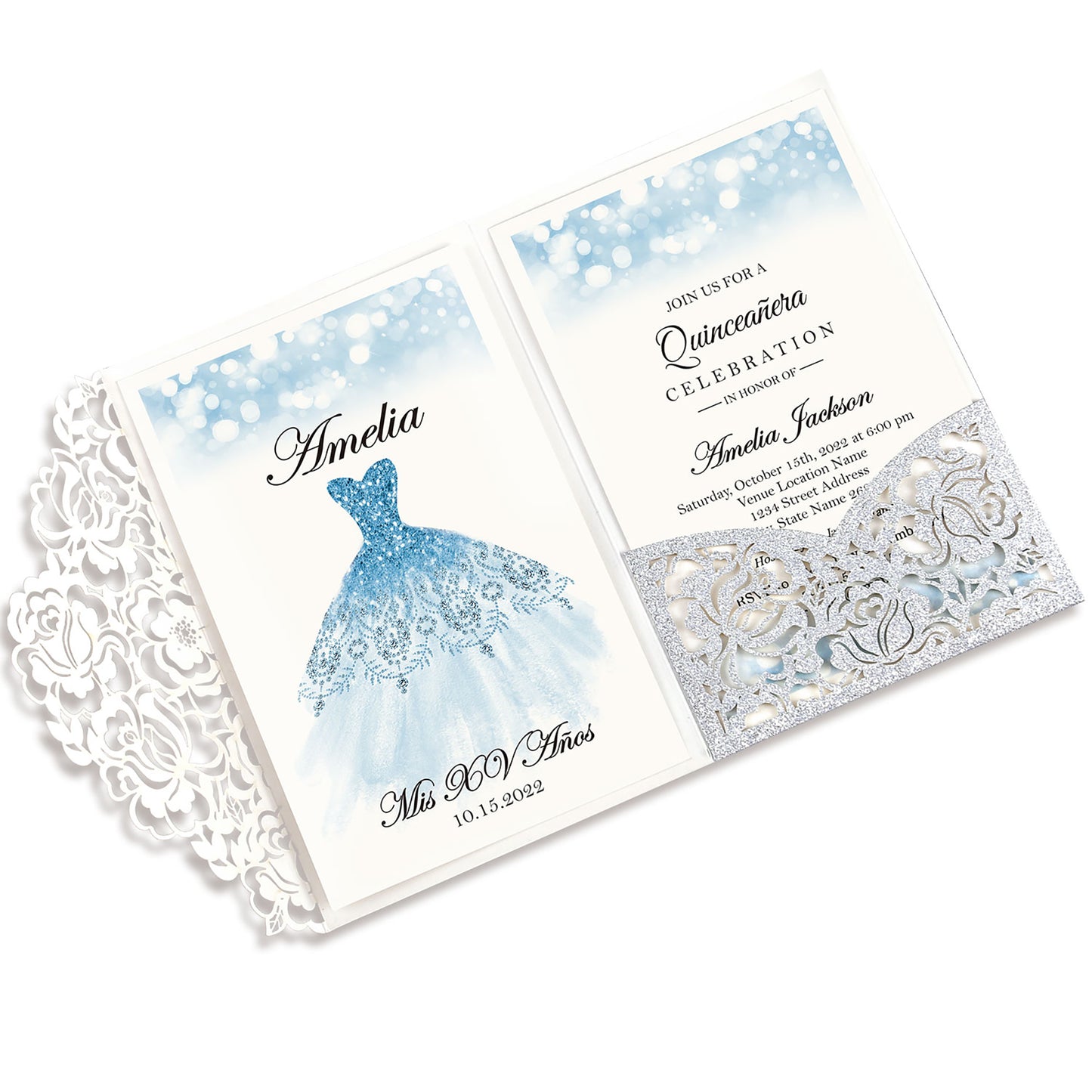Glitter Silver Floral Laser cut invitation cards for Quinceanera