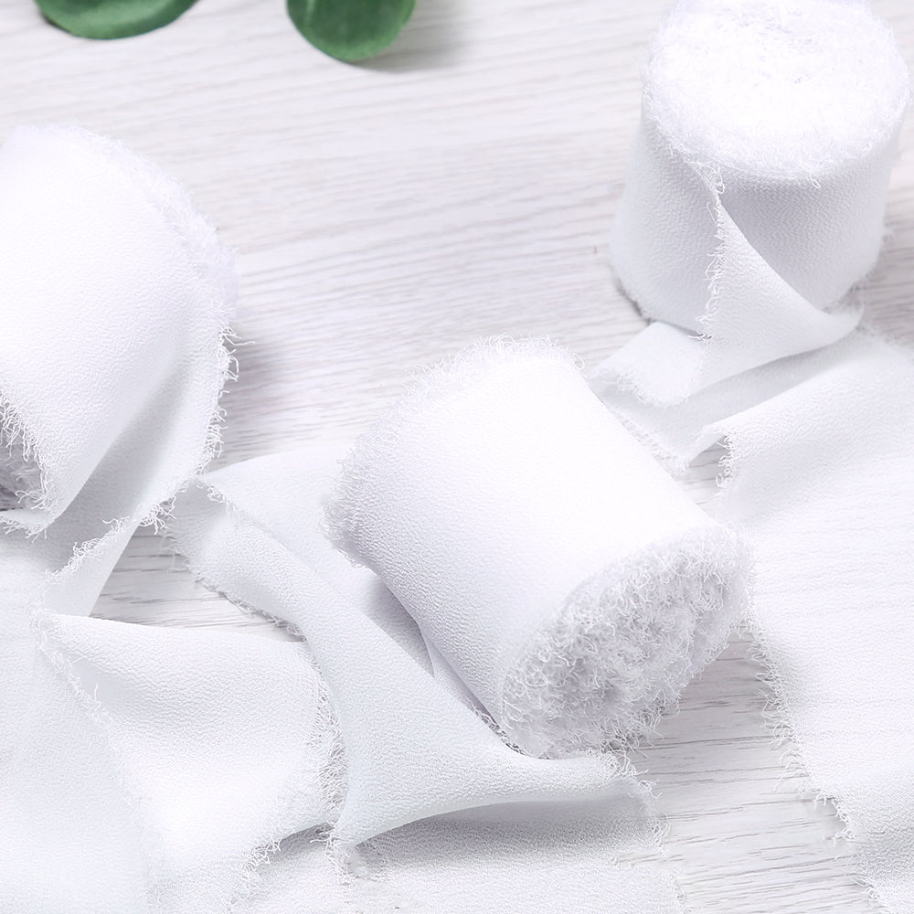 Handmade Fringe Chiffon Silk-Like Ribbon 2" x 7Yd Set of 3 Rolls Ribbons for Wedding Invitations, Bouquets, Gift Wrapping (3 Rolls White) - DorisHome