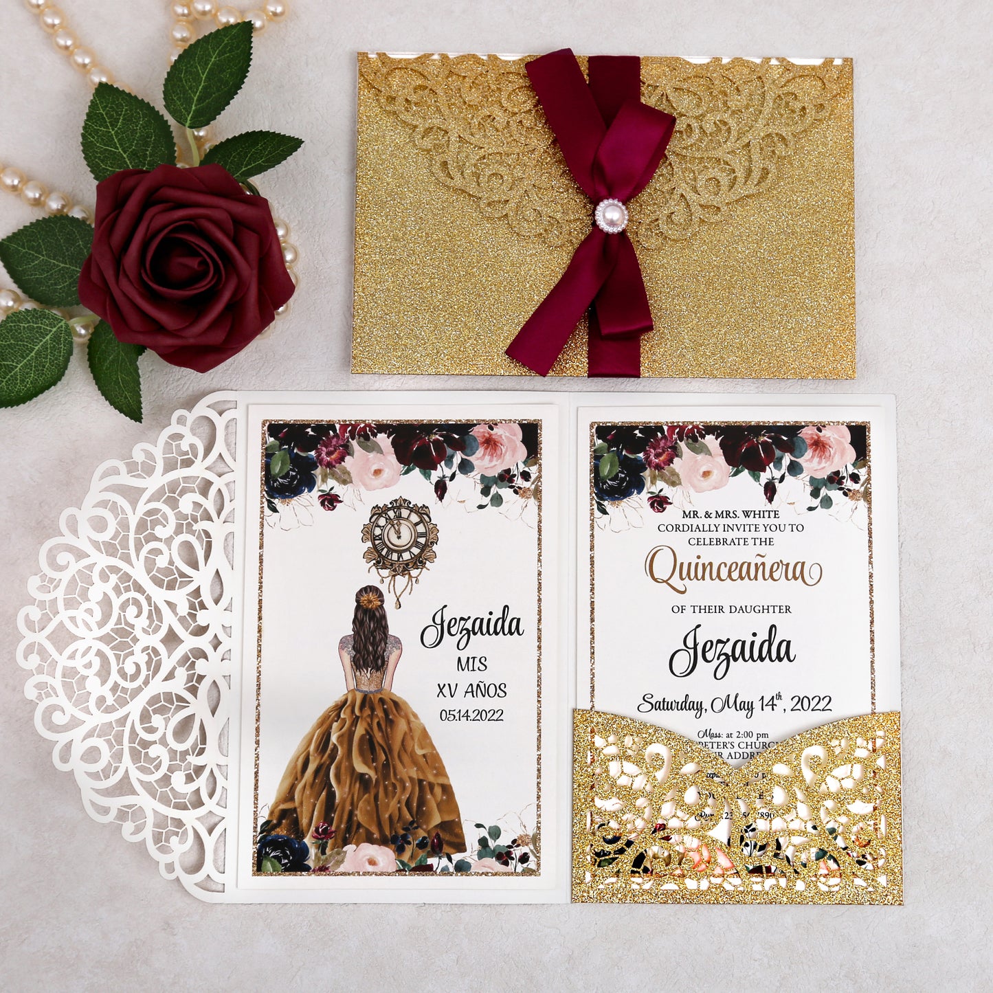 4.7 x7 inch Gold Glitter Laser Cut Hollow Rose Quinceanera Invitations Cards with Envelopes for Quinceanera Party